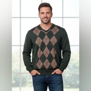 Arrow Men's V-Neck Argyle Sweater - Green and Brown